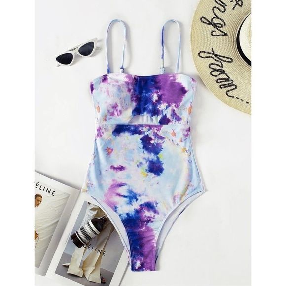 SOLD NWOT Shein Tie Dye Keyhole One Piece Swimsuit Blue Purple Size Large - Picture 2 of 14
